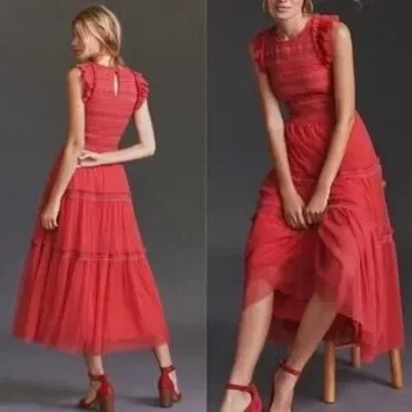 Anthropologie Smocked Ruffle Tiered Tulle Midi Red Pink Dress - Picture 4 of 11